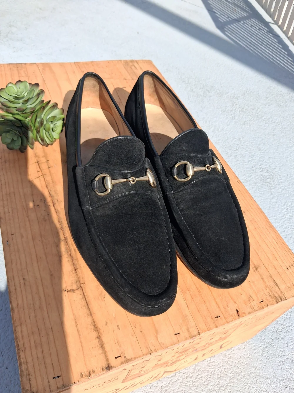 Vintage Gucci Men's Black Suede Loafers w/Gold Horsebit Hardware Size 45.5/12